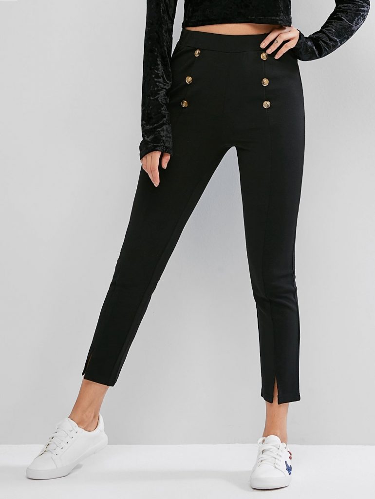 ZAFUL High Waisted Buttoned Slit Hem Skinny Pants - Black L