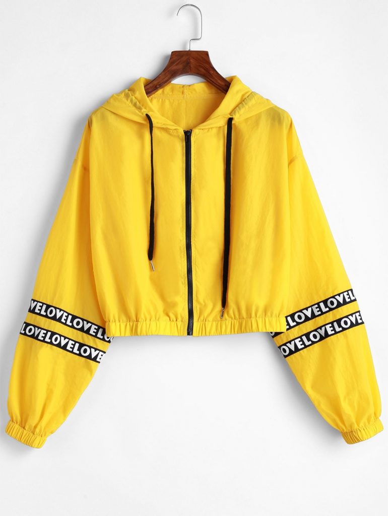 ZAFUL Letter Patched Hooded Crop Jacket - Yellow Xl