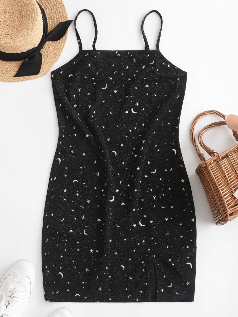 ZAFUL Moon And Star Metallic Thread Cami Slit Dress - Black L