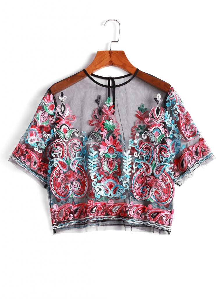 ZAFUL Sheer Mesh Embroidered Top - Multi-a M