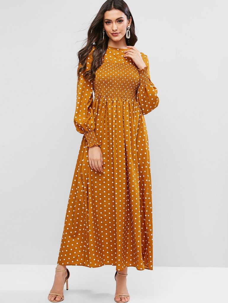 ZAFUL Shirred Polka Dot Maxi Dress - Bee Yellow S