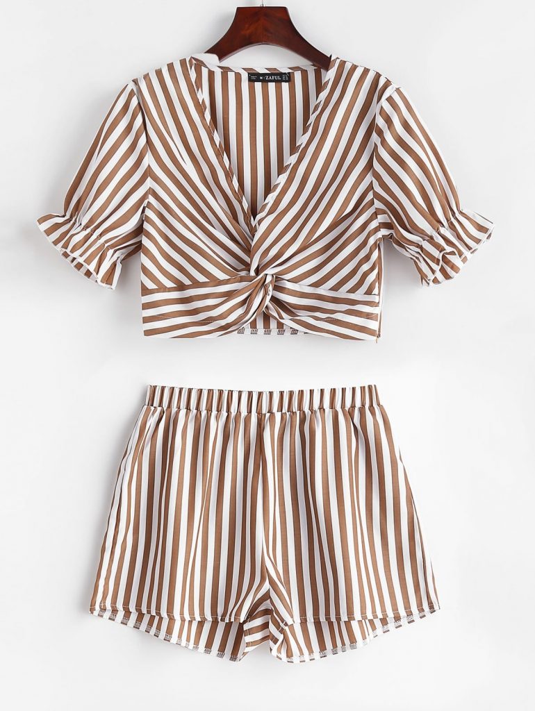 ZAFUL Twist Front Crop Striped Shorts Set - Coffee L
