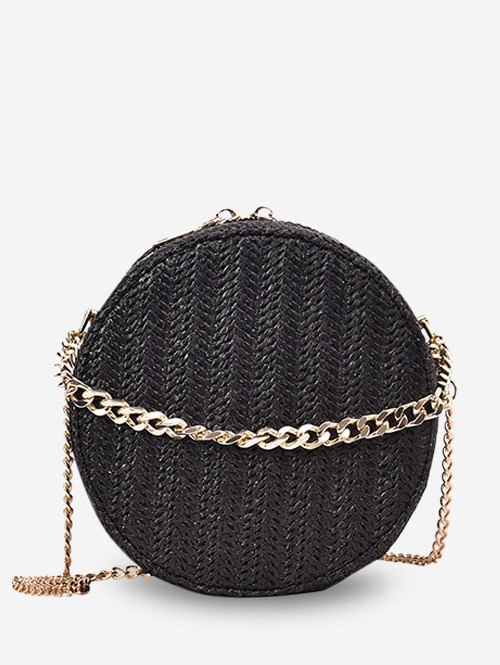 Zipper Chain Straw Round Shoulder Bag - Black