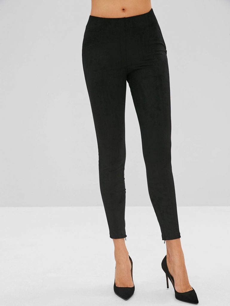 Zippered Ankle Suede Skinny Pants - Black L