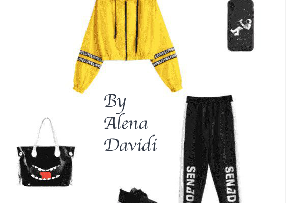 Casual Outfits for College Sport Style Autumn 2019 Yellow Letter Patched Hooded Crop Jacket, Black Pants and Sport Shoes