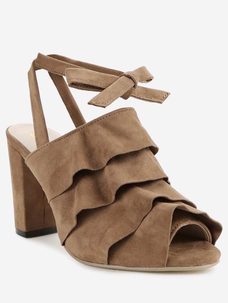 Ankle Strap Chunky Heel Ruffles Peep Toe Sandals - Deep Brown 38