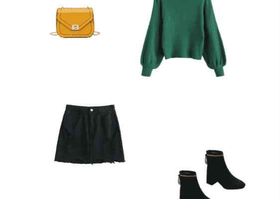 Autumn 2019 Fabulous and Comfortable School Outfit Idea for College Girls Green Knitted Sweater Black Ripped Denim Skirt and Black Suede High Heel Boots