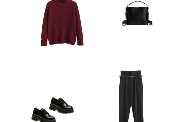Awesome College Outfit for Winter 2020 Red Wine Oversized Sweater Black Pants and Platform Boots