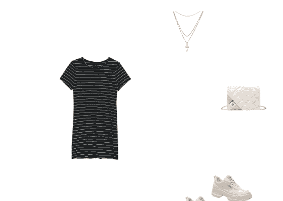 Back to School Winter 2020 Cute Outfit for High School  College Black Casual Tee Dress White Platform Sneakers and White Shoulder Bag
