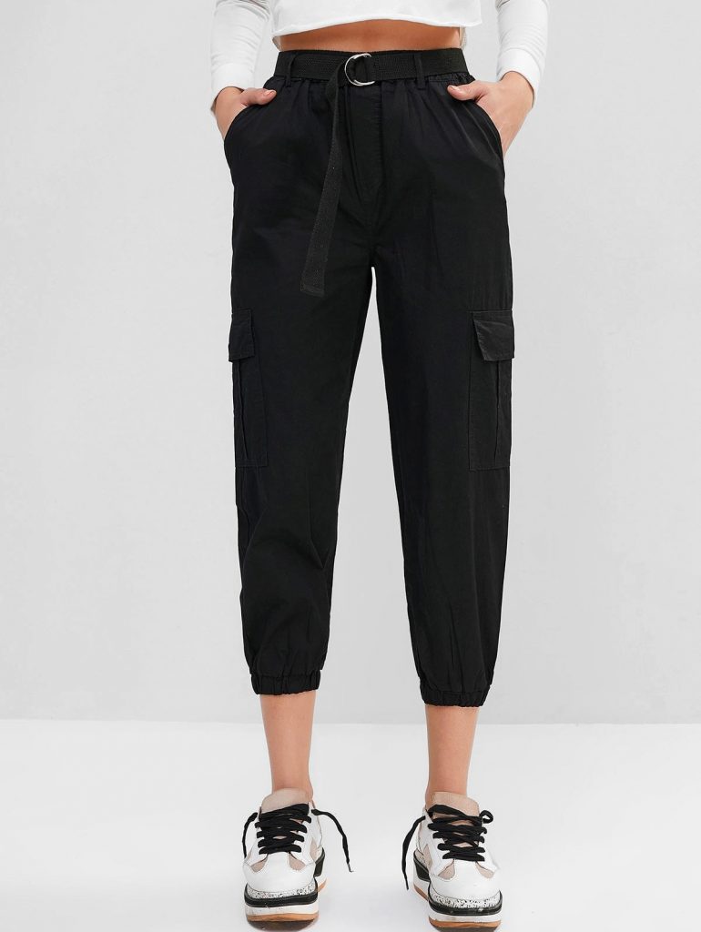 Belted High Waisted Cargo Jogger Pants - Black Xl