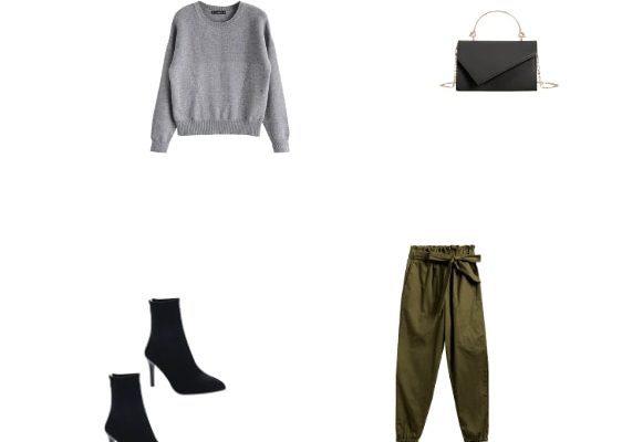 Best Winter 2020 Outfit for Ladies Gray Sweater Khaki Waist Jogger Pants and Black Suede Boots