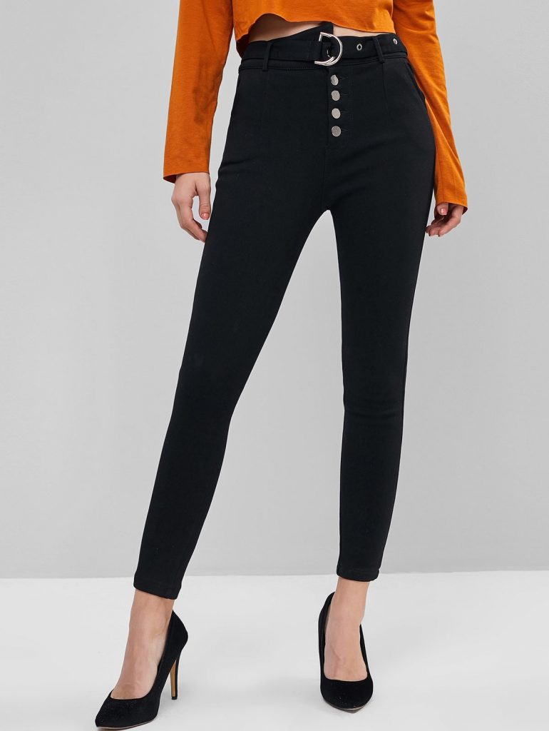 Button Fly Belted Solid Skinny Pants - Black Xs