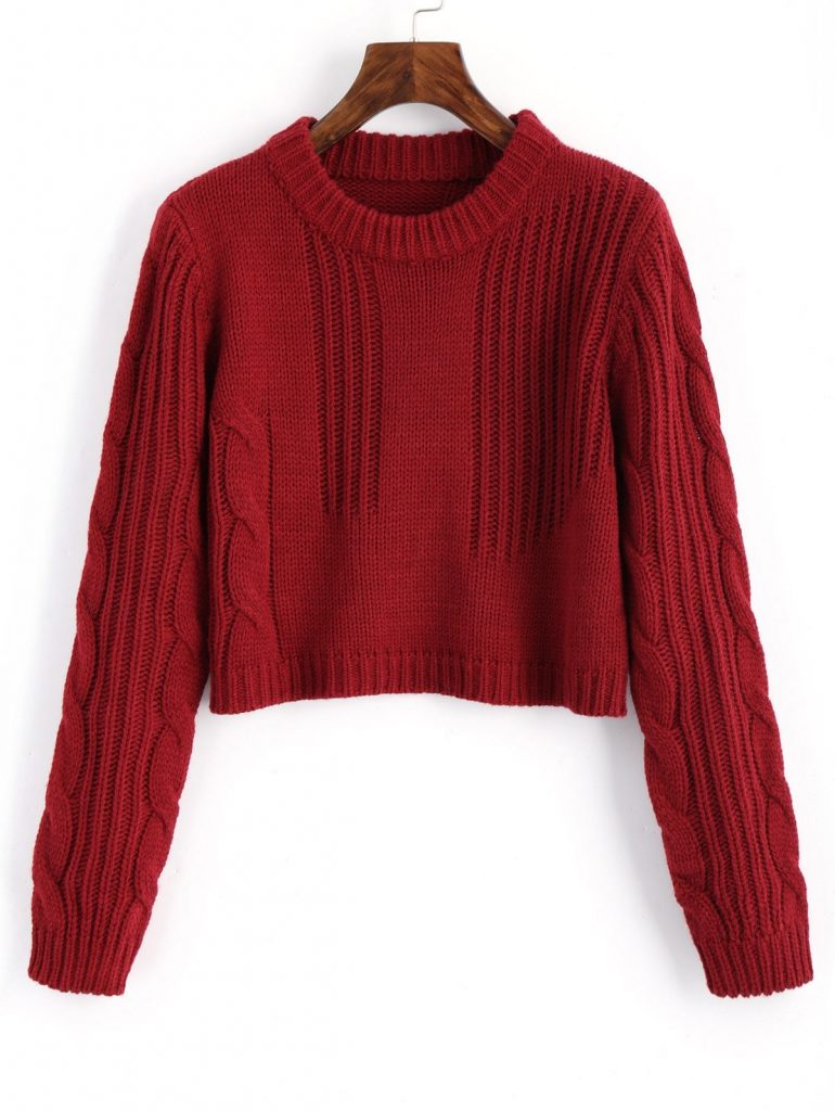 Cable Knit Panel Pullover Cropped Sweater - Wine Red