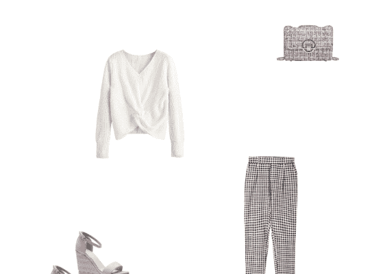 Casual Business Attire Idea for Women Winter 2020 Outfit White Pullover Sweater Checkered Pants Pink Wedge Sandals
