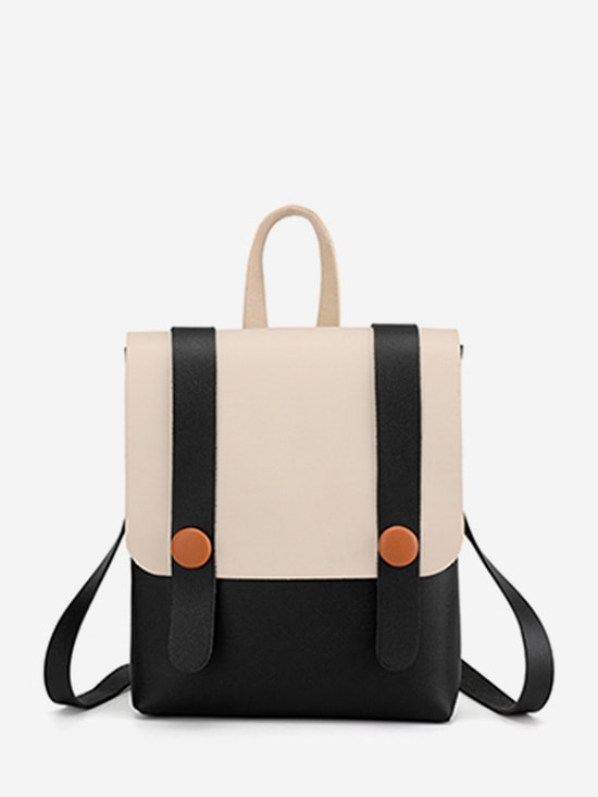 Contrast Strap Accent Flap PU Backpack - Black