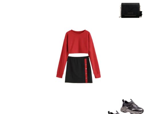 Cute Casual Outfit Back to School Winter 2020 Red Sweatshirt and Skirt Set Gunmetal Platform Sneakers