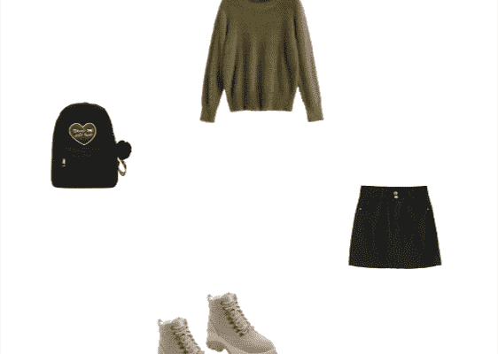 Cute Winter 2020 Outfit for College Khaki Plain Sweater Black Mini Denim Skirt and Beige Boots