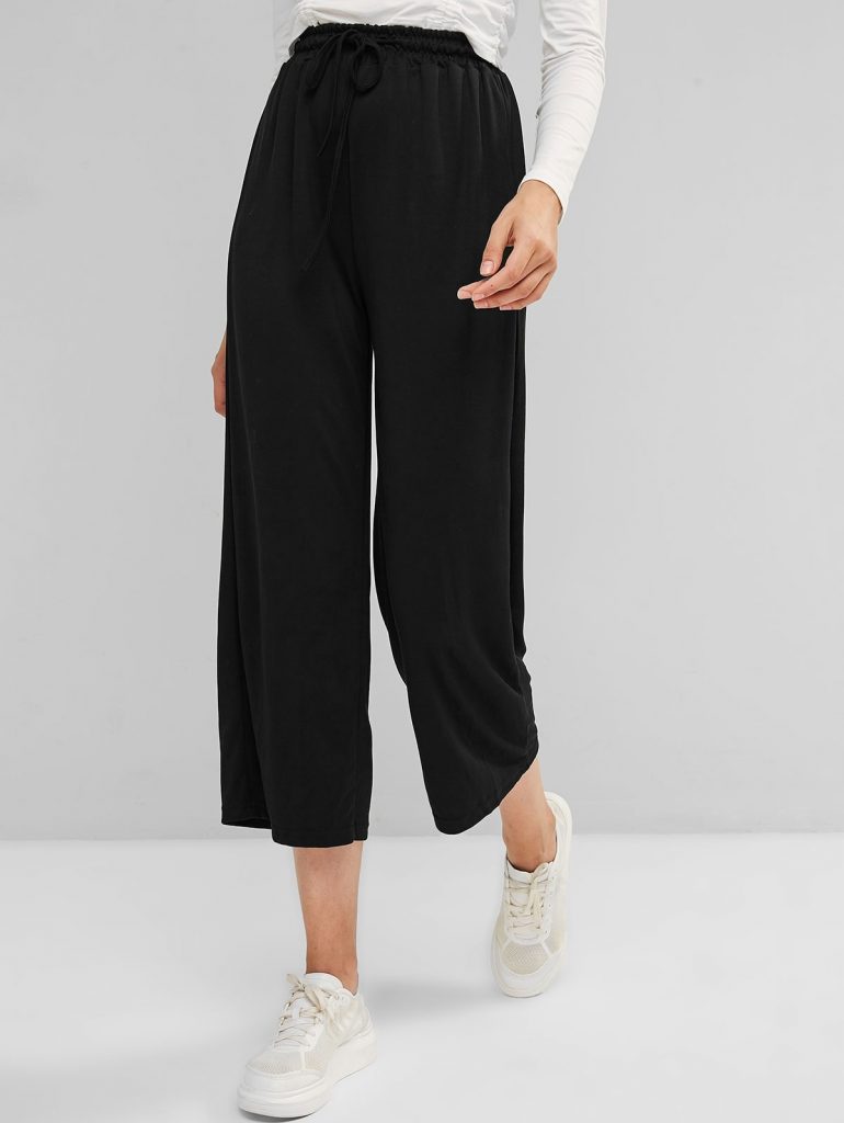 Drawstring Wide Leg High Waisted Pants - Black