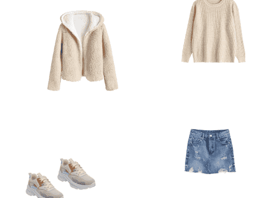 Fashionable Casual Outfit for Winter 2020 Warm White Teddy Coat White Knitted Sweater Blue Ripped Mini Skirt and Orange Dad Sneakers
