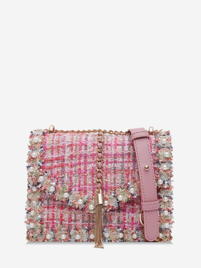 Faux Pearl Embellished Tweed Crossbody Bag - Pink