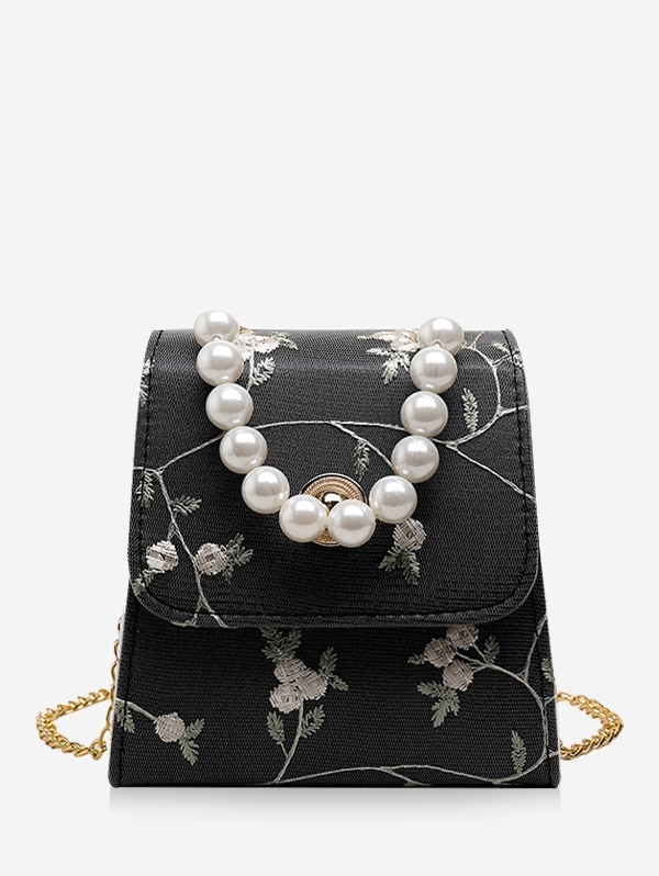 Faux Pearl Flower Embroidery Crossbody Bag - Black