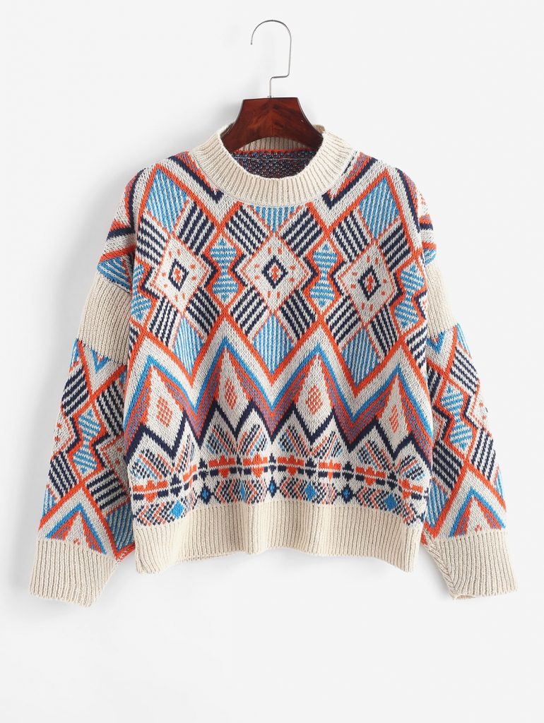 Geometric Graphic Crew Neck Knitted Sweater - Multi