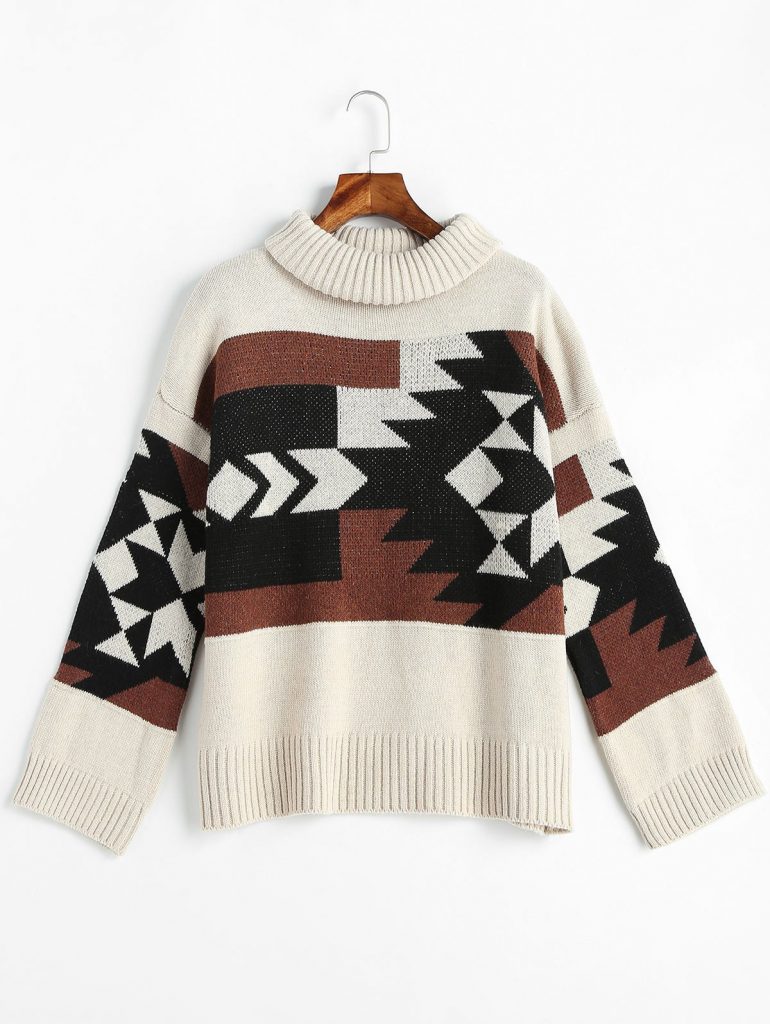 Geometric Graphic Turtleneck Sweater - Beige