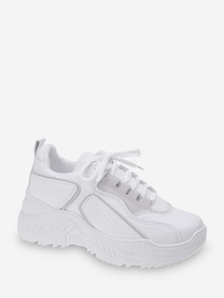 Geometric Mesh Panel Lace Up Sneakers - White Eu 38