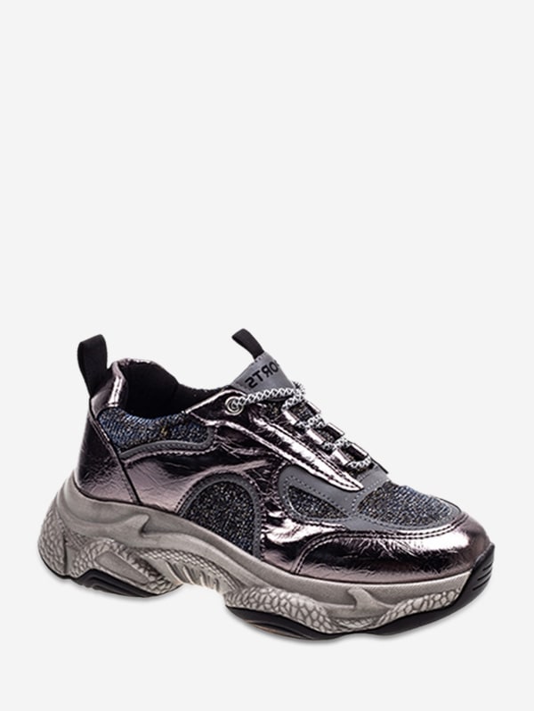 Glitter Lace Up Platform Sneakers - Gunmetal Eu 37