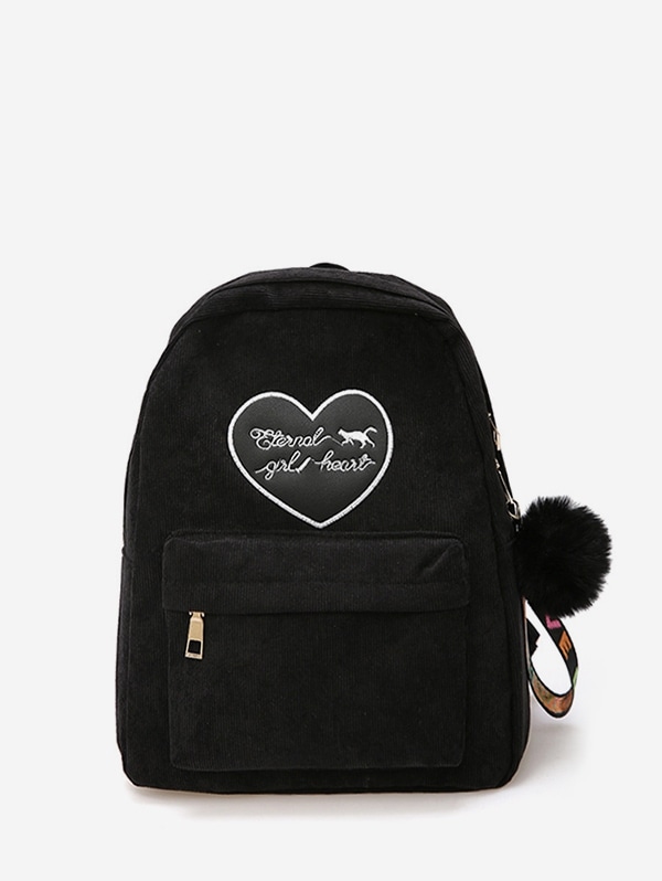 Heart Letter Fuzzy Ball Pendant Backpack - Black