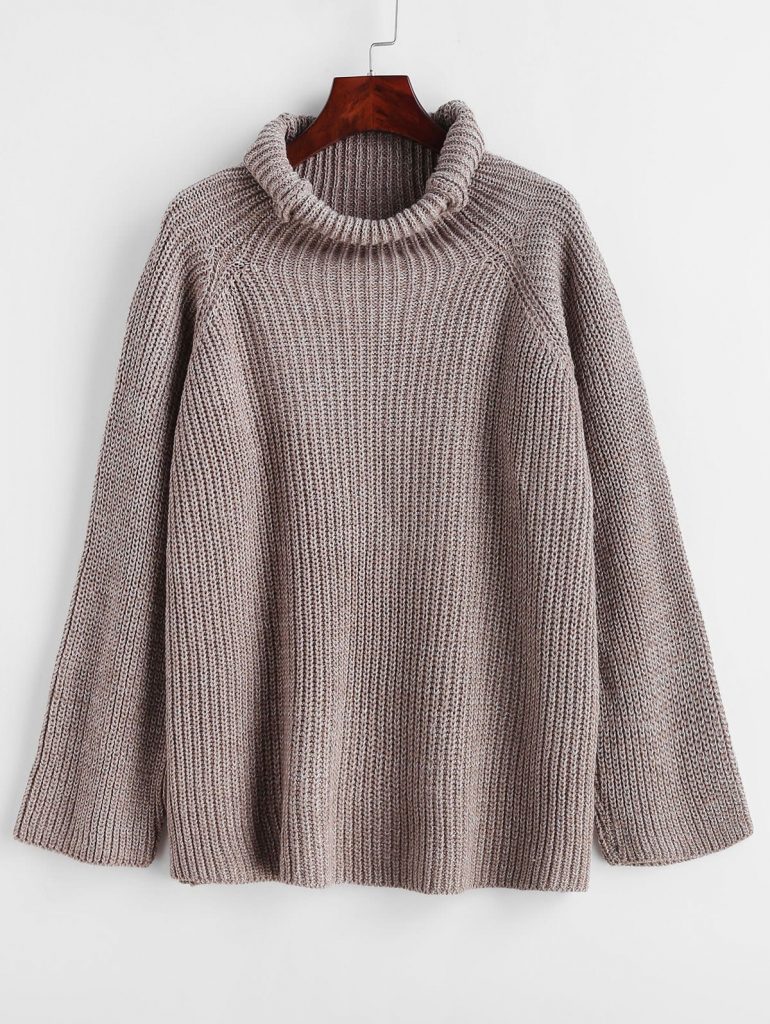 Heathered Turtleneck Raglan Sleeve Sweater - Dark Khaki