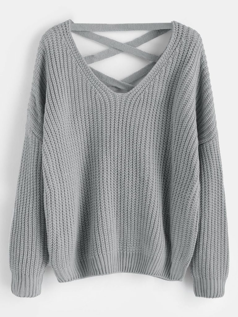 Lace Up Drop Shoulder Chunky Sweater - Light Gray