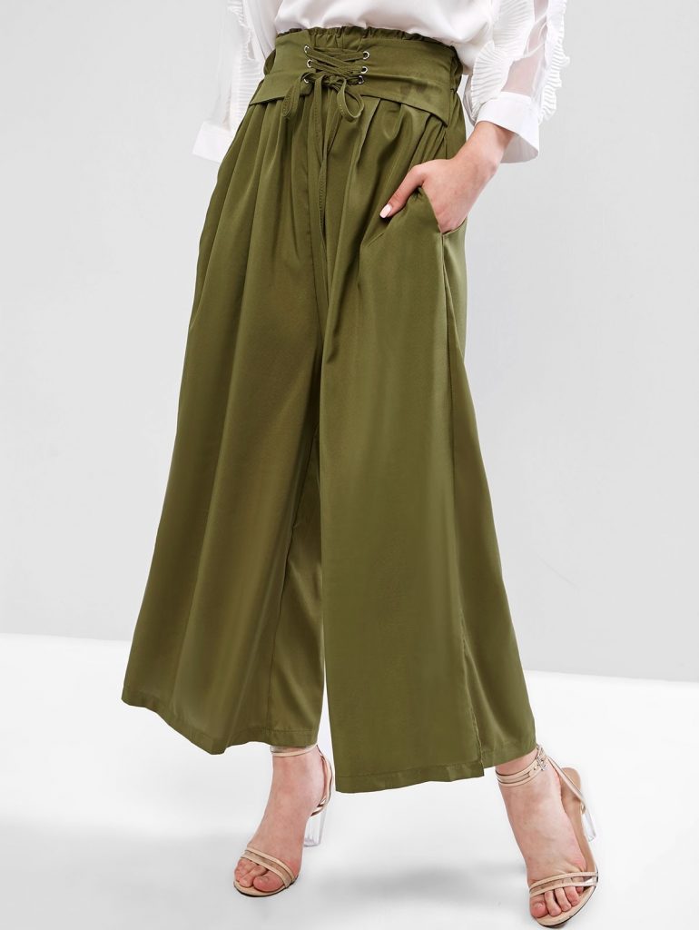 Lace Up Frilled Wide Leg Palazzo Pants - Fern Green Xl