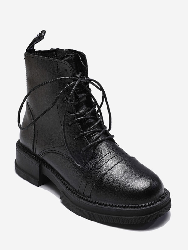 Mid Chunky Heel PU Leather Cargo Boots - Black Eu 35