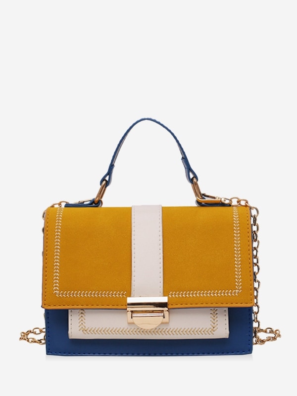 PU Contrasting Colors Square Shoulder Bag - Blue