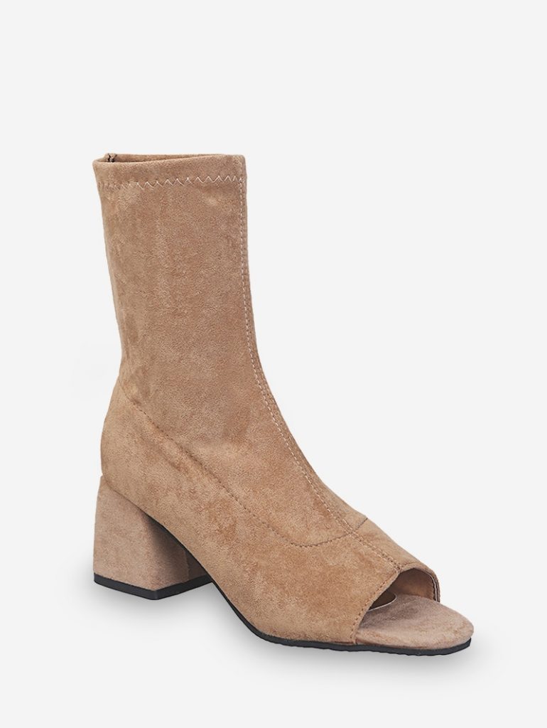 Peep Toe Chunky Heel Suede Sock Boots - Camel Brown Eu 37