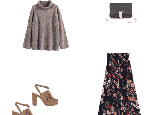 Perfect Autumn 2019 Outfit Idea for Work Office Style with Dark Khaki Knitted Sweater and Floral Print Pants