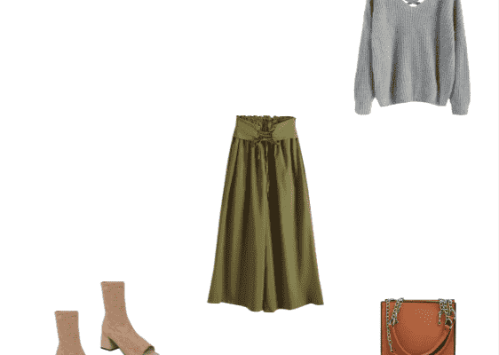 Perfect Winter 2019 Outfit Idea for Women Casual Comfy  Simple with Light Gray Sweater Khaki Wide Leg Pants Brown Chunky Heel Suede Sock Boots