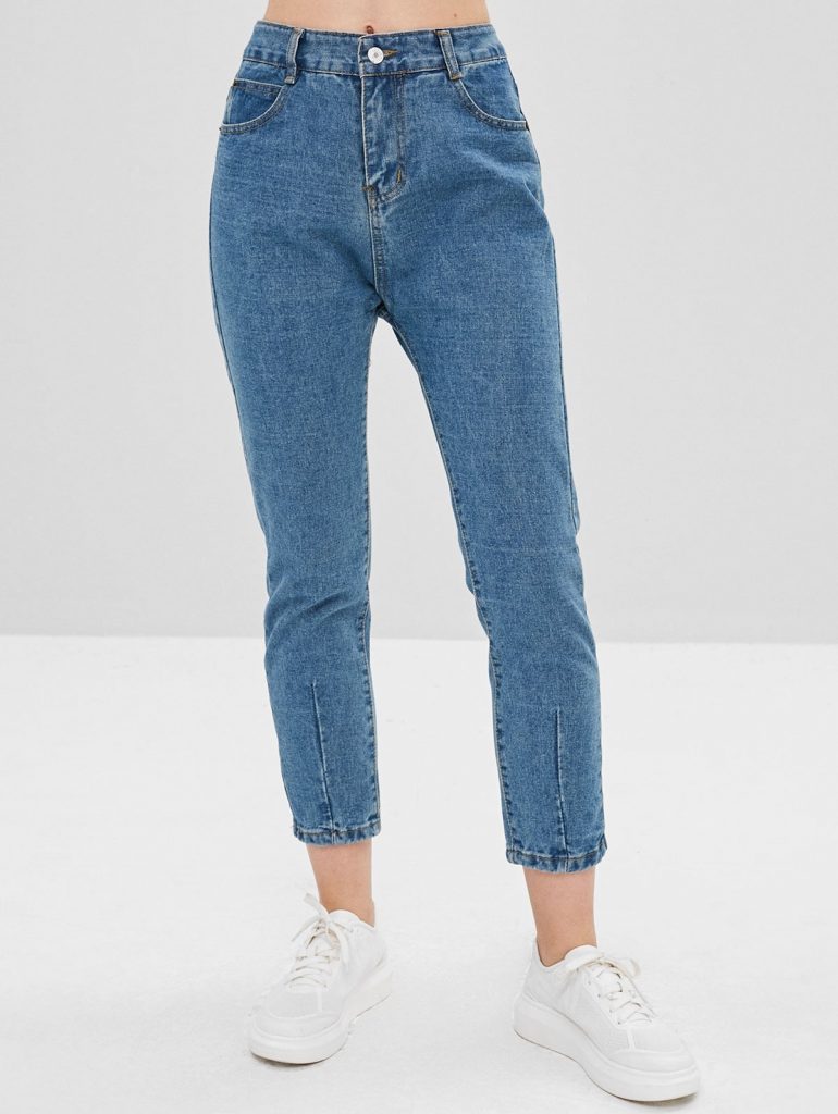 Plain High Waisted Straight Jeans - Jeans Blue M