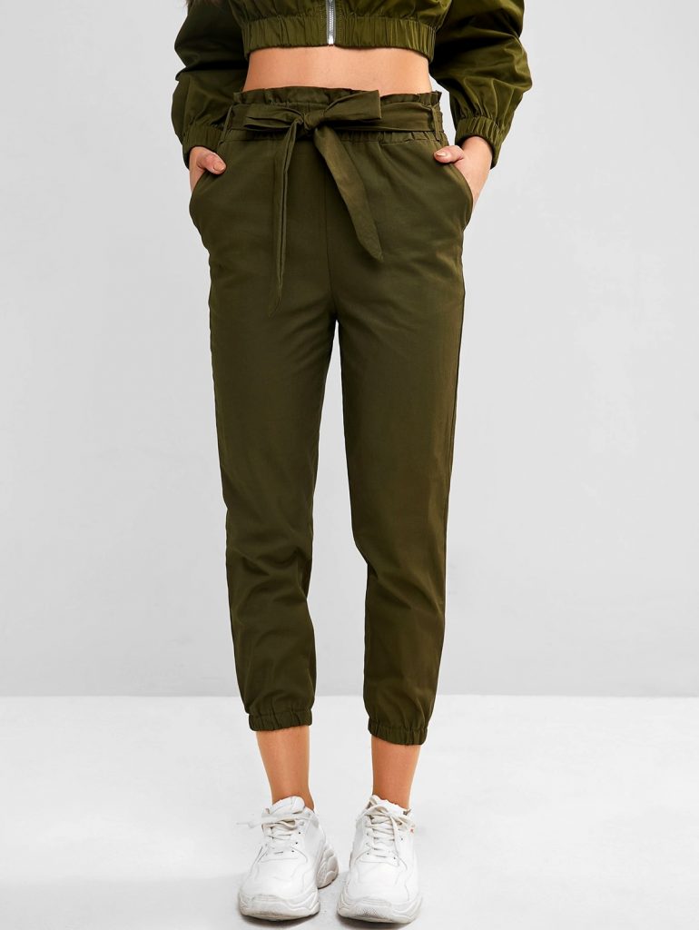 Pocket Belted Paperbag Waist Jogger Pants - Camouflage Green L
