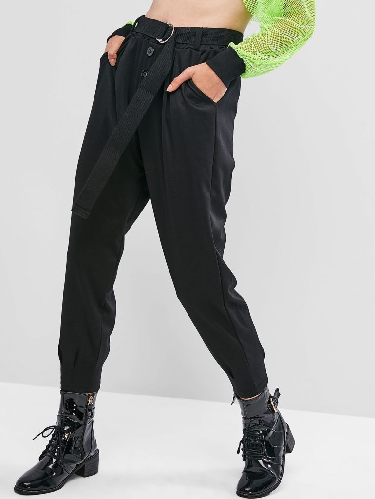 Pocket Buttoned Belted Jogger Pants - Black M