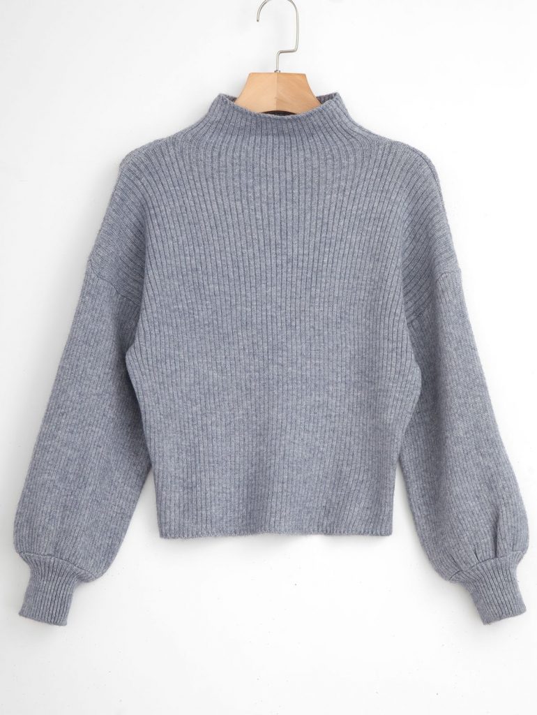 Pullover Blouson Sleeve Ribbed Funnel Sweater - Gray