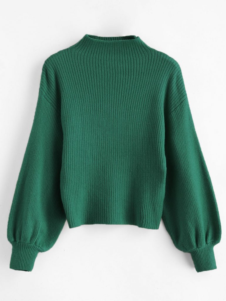 Pullover Blouson Sleeve Ribbed Funnel Sweater - Green