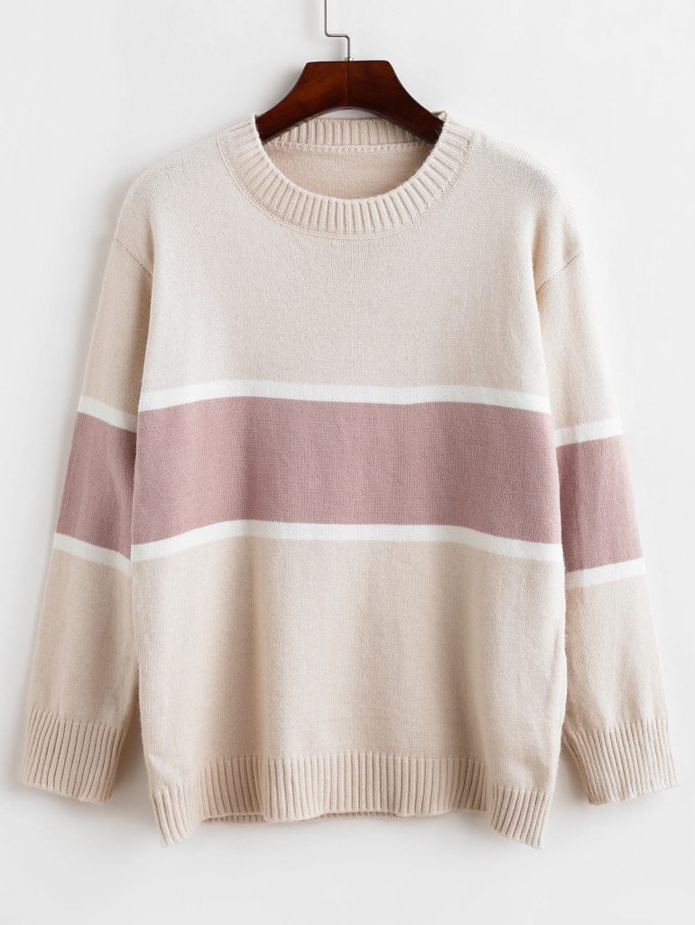 Pullover Crew Neck Colorblock Sweater - Beige