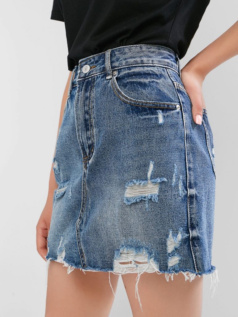 Ripped Frayed Denim Mini Skirt - Jeans Blue L