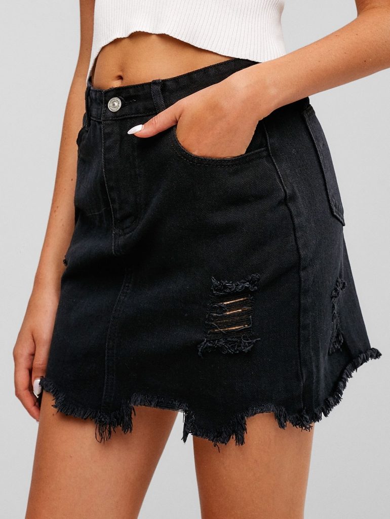 Ripped Zipper Fly Denim Skirt - Black Xl