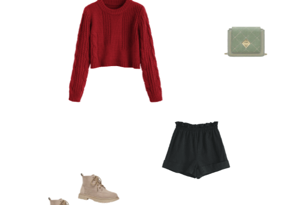 Simple and Comfy Outfit Idea for Your Everyday  College Autumn 2019 Red Sweater Black Shorts and Beige Boots