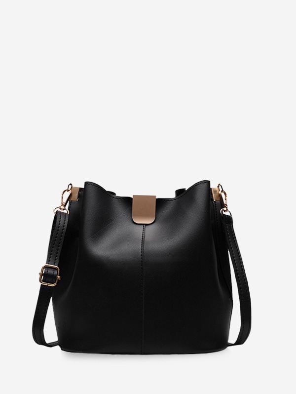 Solid PU Leather Bucket Bag - Black