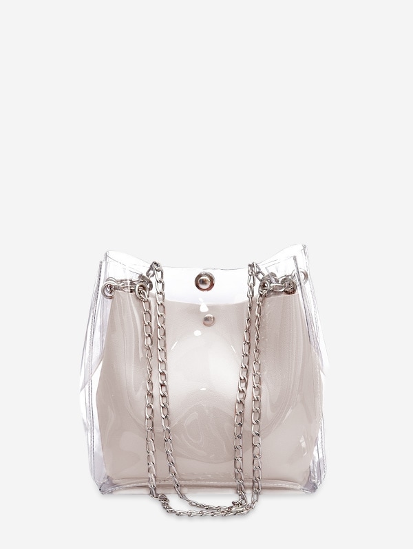 Transparent Chain Casual Bucket Bag - Milk White