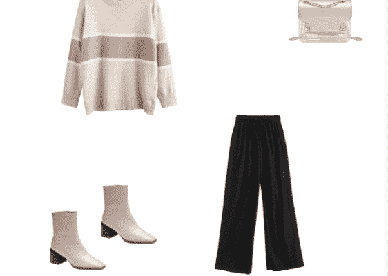 Trendy Work  Office Outfit for Business Women Autumn 2019 Beige Sweater Black High Waisted Pants and Beige Clog Chunky Heel Ankle Boots